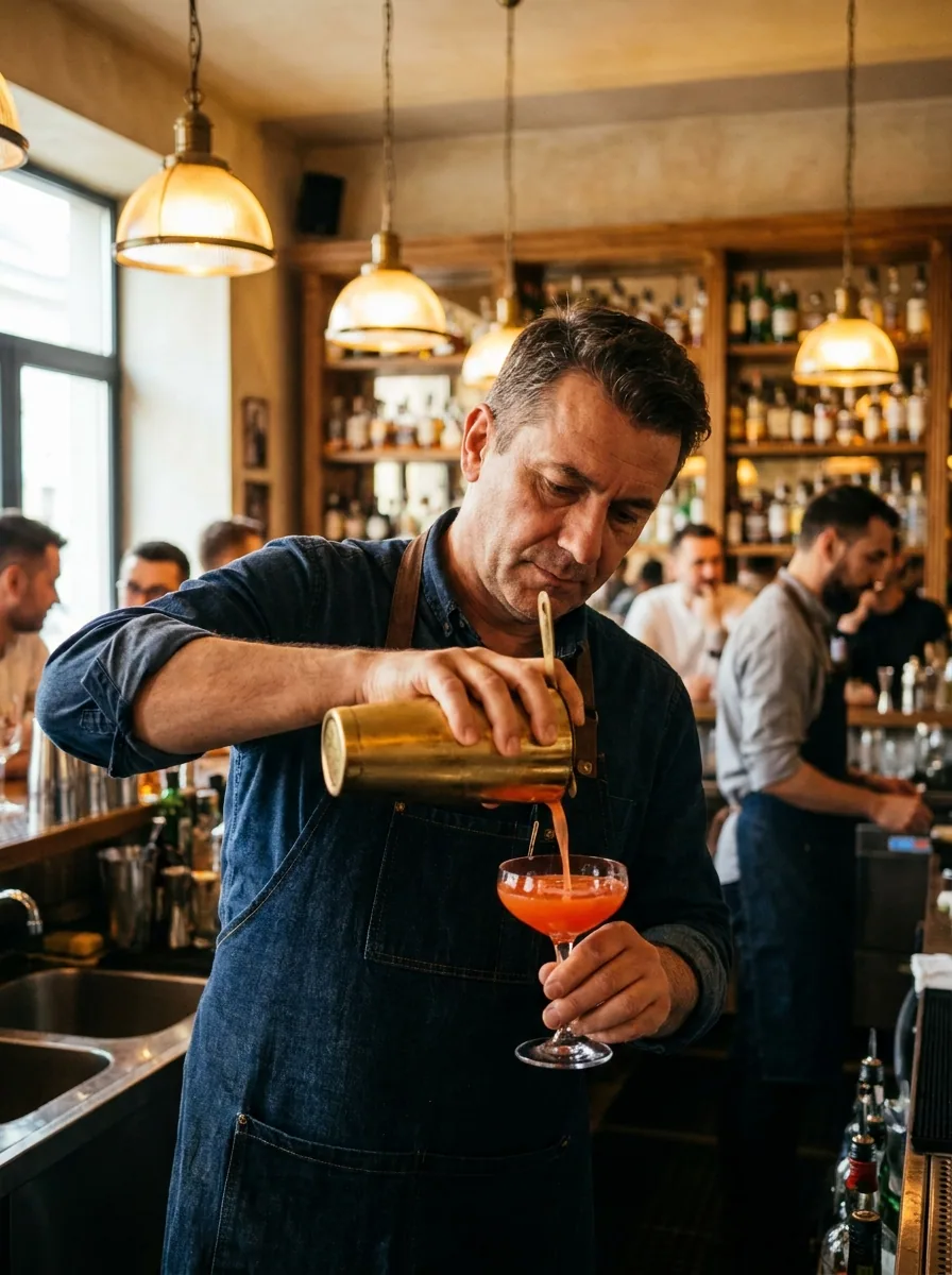 Bartender preparing a cocktail behind a bar