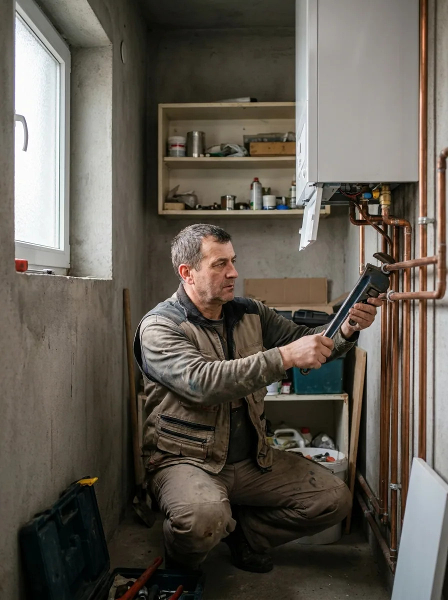 Plumber working on copper pipes and a domestic gas boiler