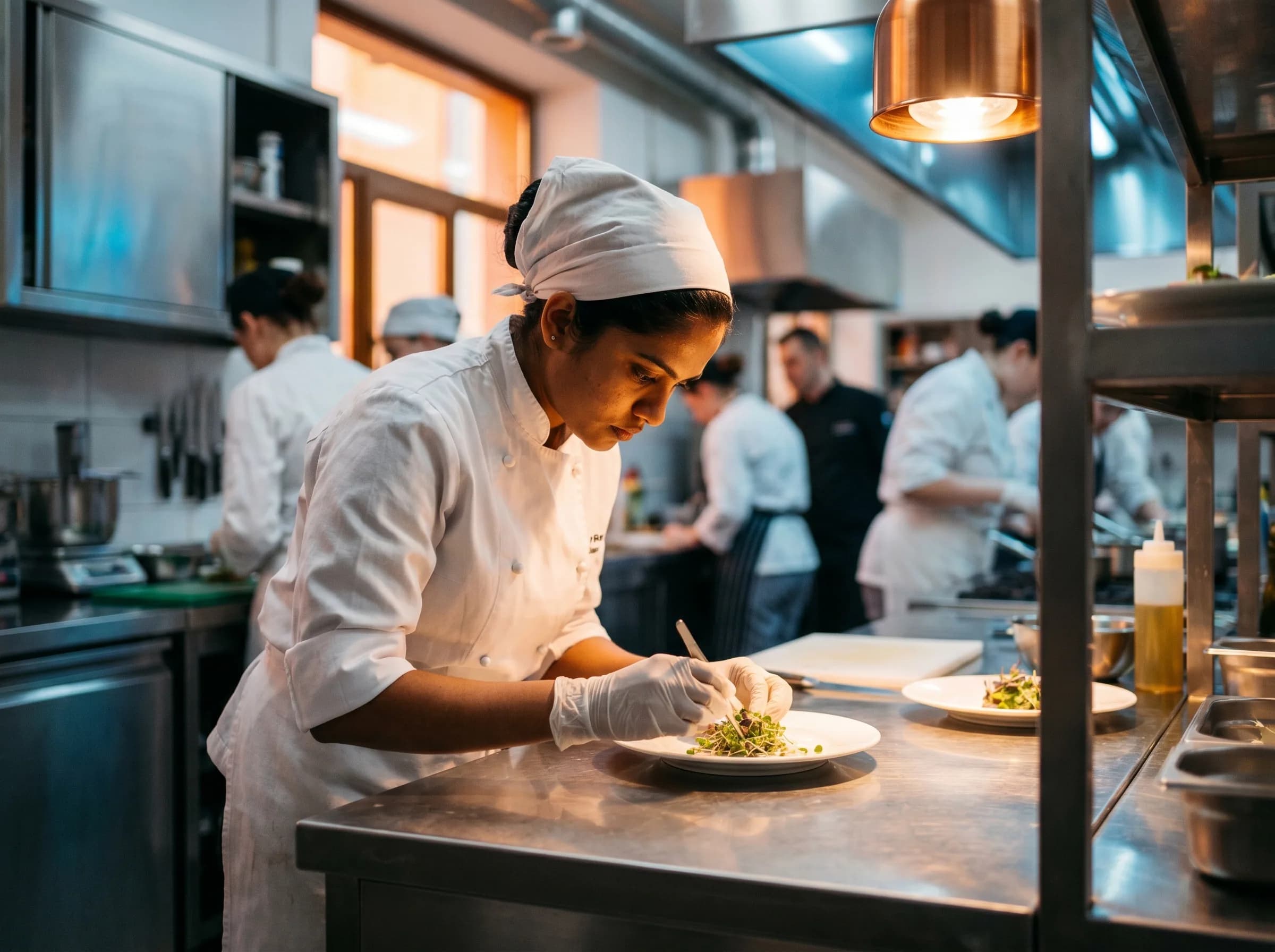 Culinary apprentice plating in the academy teaching kitchen
